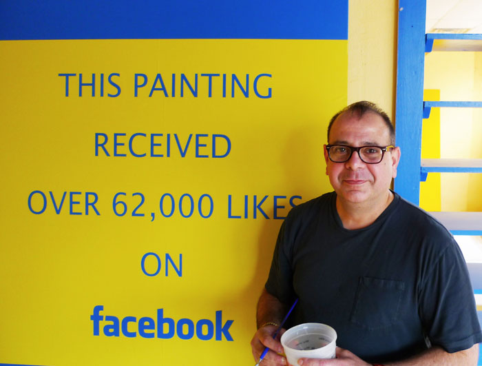 Diaz at work on one of the canvases for this solo. Internationally exhibited, the artist, known for text pieces and Pop images informed by his Mexican-American heritage, was one of the talents mentored by the late Linda Pace. 