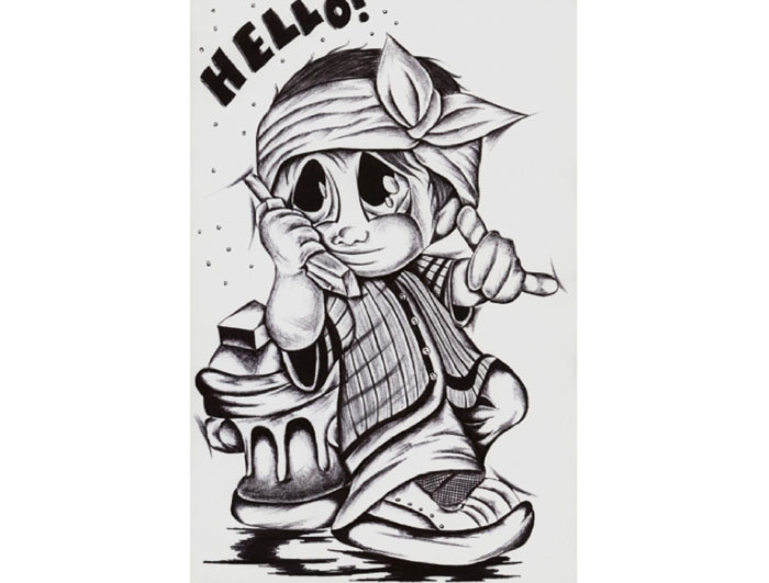 The ballpoint drawing "Hello" was made by an immigrant prisoner serving time in California since the age of 13.