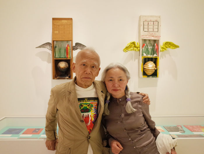 Shinohara with his wife, fellow artist Noriko Shinohara, at the Walker Art Center's blockbuster, "International Pop." In the background (right), Ushio's riff on Rauschenberg's 1958 combine, "Coca-Cola Plan." (The original Rauschenberg is on the left.) 
