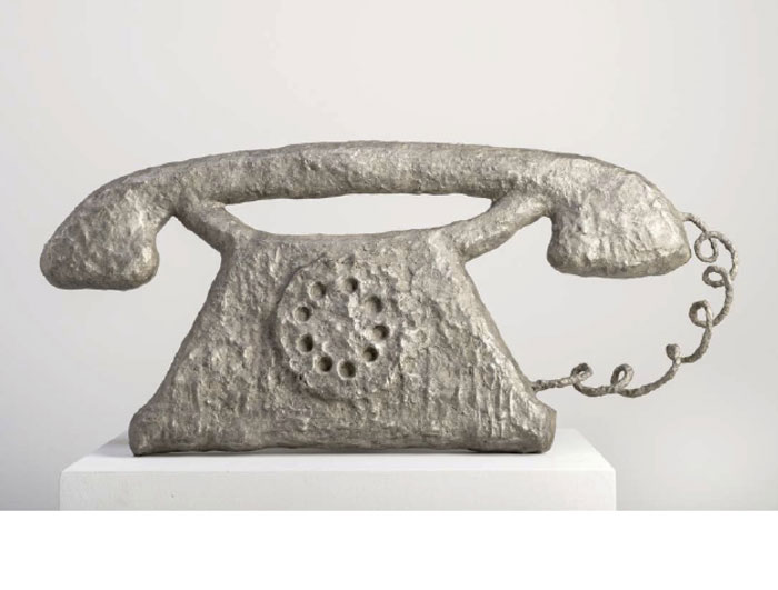The artist's big bronze "Telephone," 2011, typified the droll vibe of the McClain Gallery exhibition. 