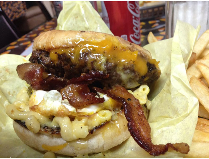Grim burger at Lankford Grocery & Market. Mac & cheese, jalapeño, bacon and sunny side up fried egg.  
