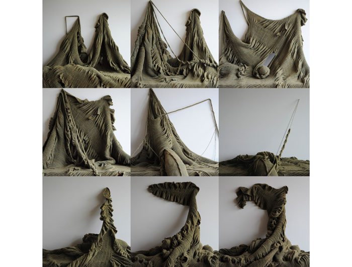 In a second group show, "Transmission," Letifa Medjdoub's "The Fabric of Silence," 2013, takes over the entrance doorway to the museum. The French-born artist is based in San Francisco, and for this piece enlisted 60 people who took turns operating a hand-run knitting machine;. This social practice project was created for the presentation of Witold Gombrowicz's "Princess Ivona" play at the Performance Art Institute in San Francisco. 