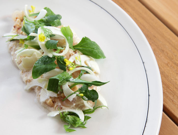 Foie gras whipped with pickled ramps, hazelnuts, and hearts of palm