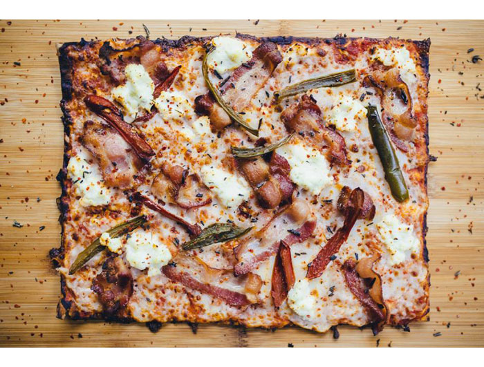 The Drunken Monkey at Boheme. Red sauce, bourbon bacon, smoked jalapenos, ricotta, rosemary & aleppo. Photo courtesy Boheme's Facebook Page. 
