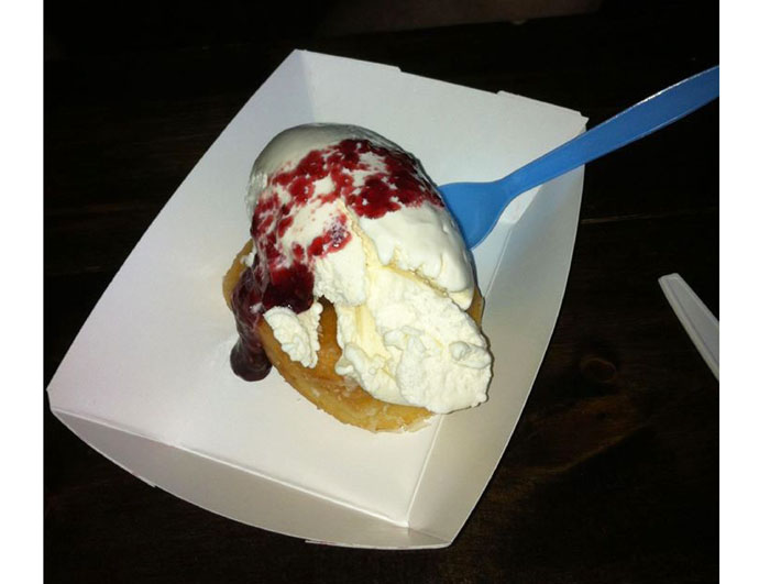Shipley's donut w/ Shipley's glazed & confused ice cream and rasberry jam. Photo courtesy Eatsie Boys Facebook page. 
