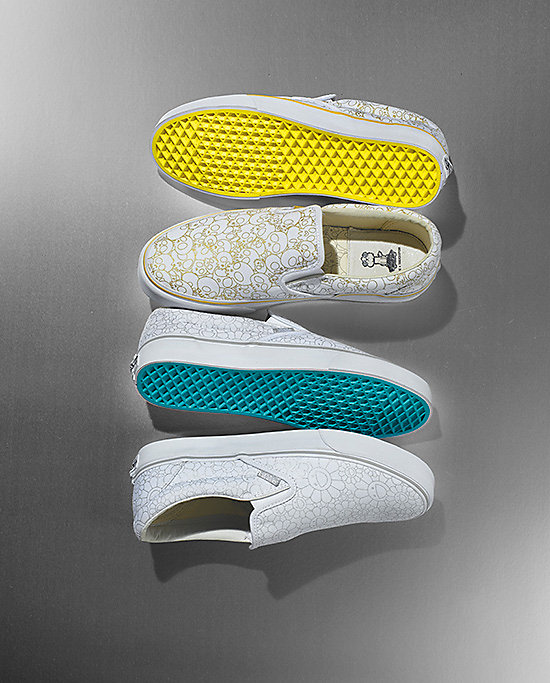 Classic slip-ons in silver and gold-line skulls design.