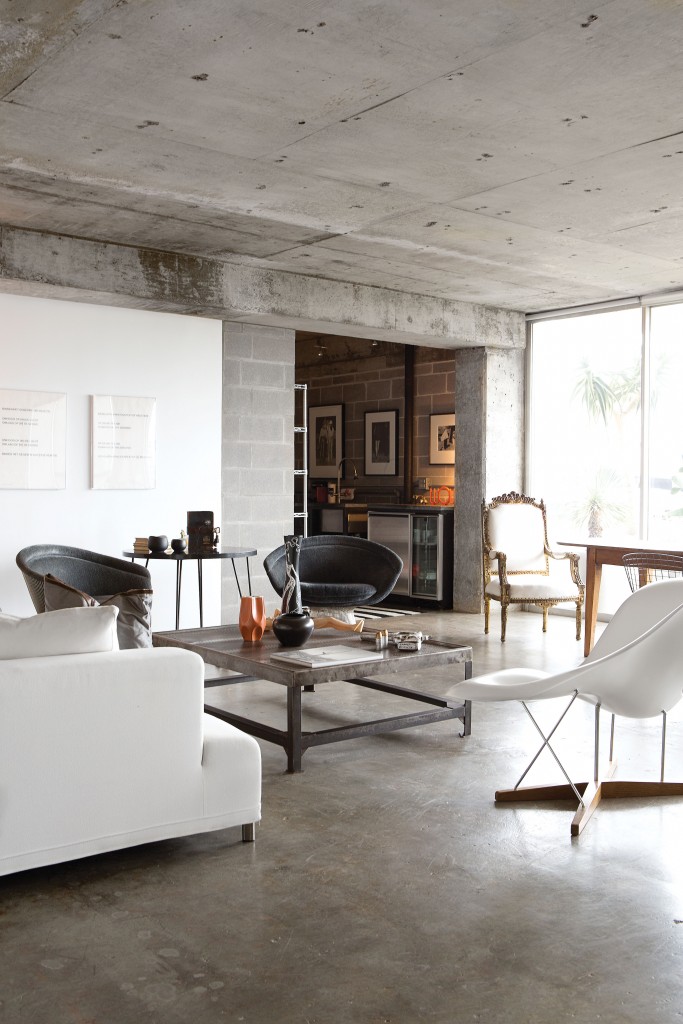 In the living area, a Ligne Roset sofa keeps company with a vintage Eames lounge chair.