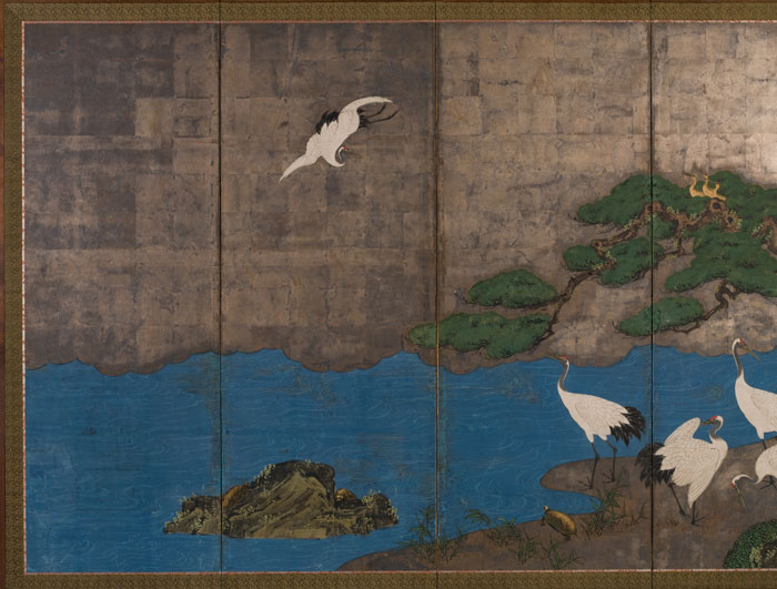 On the way to the meditation area visitors pass through an array of art on the first floor. This is one such piece, a splendid Edo-period Japanese screen, circa 1850. This screen, one of two on view, is adjacent to the elevator used to access the meditation space on the second level.