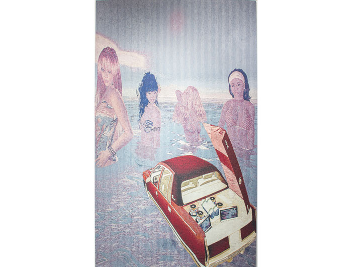 Chris Henry, one of three Houston up-and-comers headlining now at Cardoza, contributes this cool low-brow take on a tapestry, "Ocean of Funk," 2014.