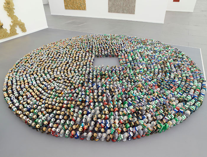 Kader Attia’s “Halam Tawaaf,” 2008, at Lehmann Maupin, Frieze New York, featured 2,978 beer cans aligned in a prayer formation. Photo Elisabeth Bernstein.