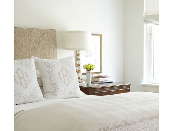 In the bedroom, the headboard is custom designed by Joe Don Watts. The monogrammed embroidered pillows are custom from Peacock Alley. Juliet matelassé from Peacock Alley. Baker lamp. Early lithograph by Marc Chagall. The antique vase was hand painted in gold leaf by Mary Ella’s grandmother. The Chippendale chest belongs to John Bitzer.