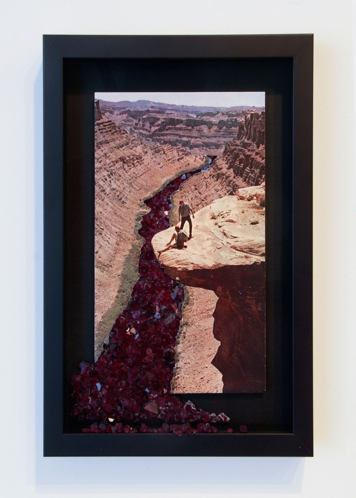 Detail of Shirley's "This Relationship is not Empirical," 2015, reveals the artist's innovative use of chrome alum crystal, in this case, becoming the Rio Grande element within the framed Grand Canyon collage. Photo courtesy Iva Kinnaird.