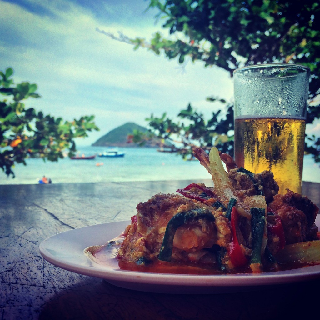 Seaside lunch: crab and Tiger beer on Coral Island.