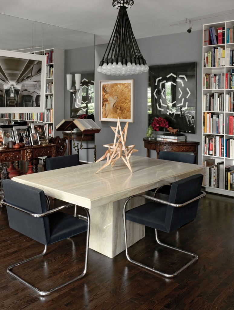 A table and chairs purchased from the Transco Tower are repurposed in the dining room.