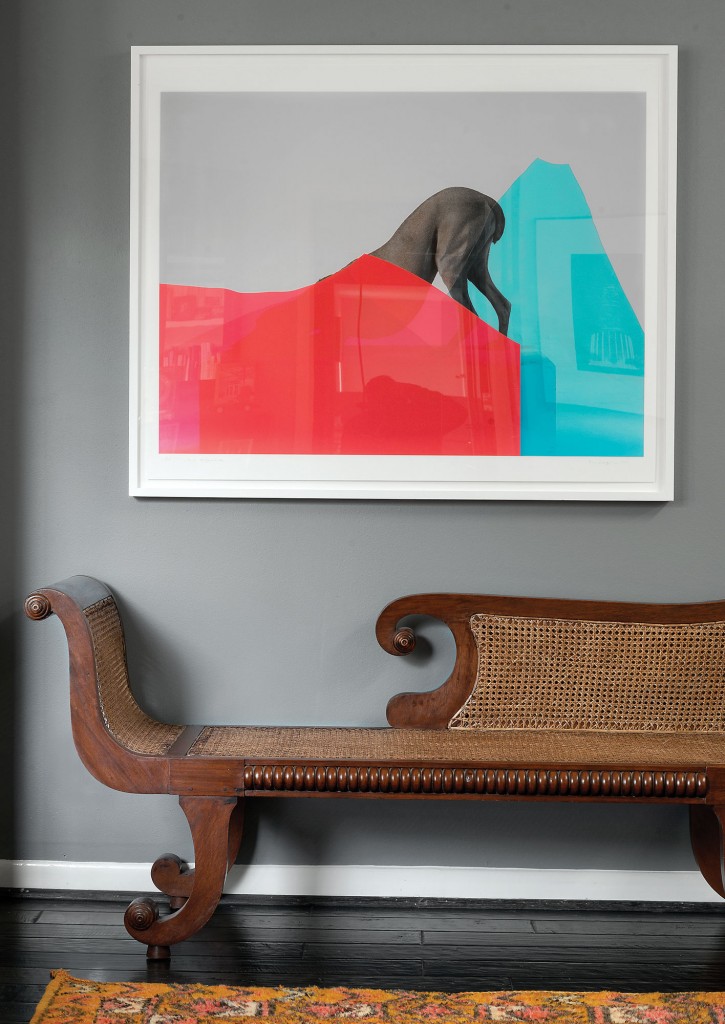 In the media room, a rattan chaise longue is a clever counterpoint to William Wegman’s wry Peak Performance, 2010.