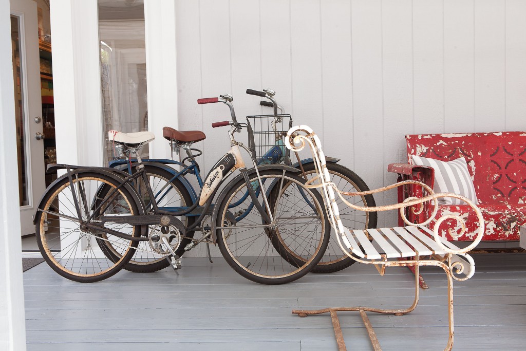 Schwinn bikes circa 1950s line the back deck to the studio.