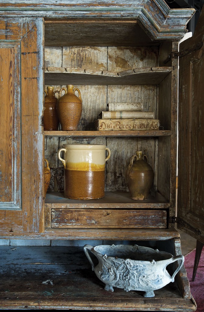 Antique volumes and rustic crockery 