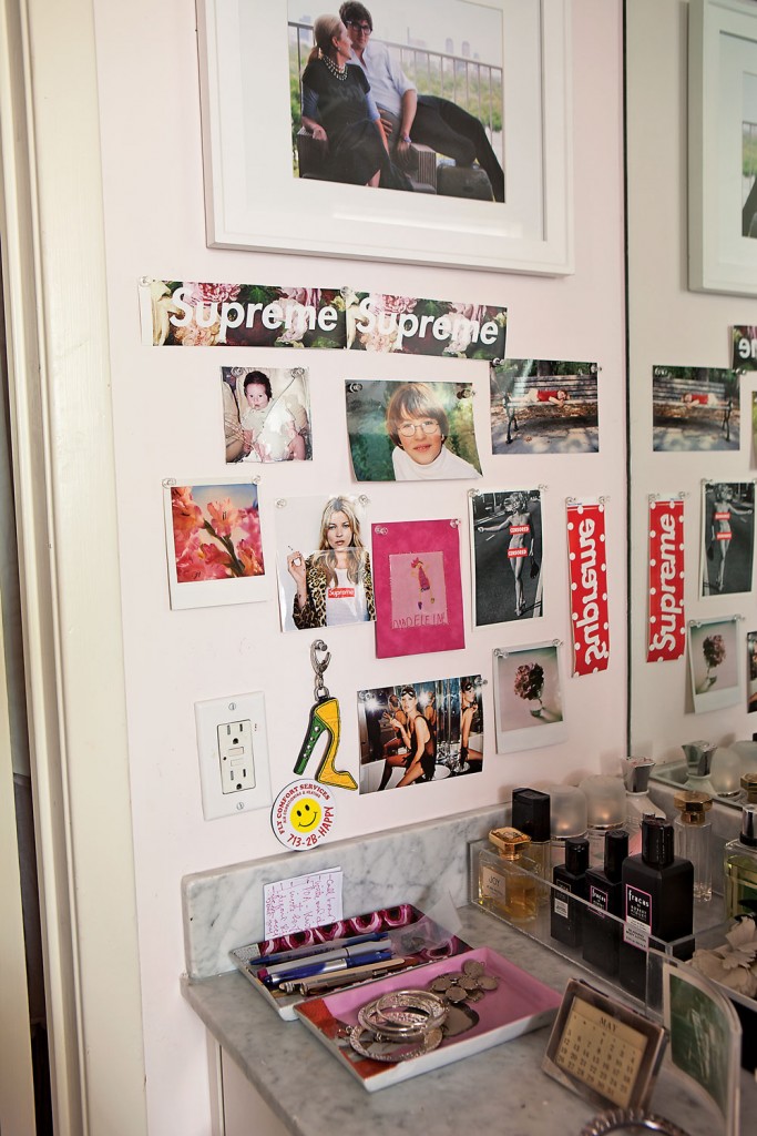 A corner of Echols's bath with a collage of personal mementos.