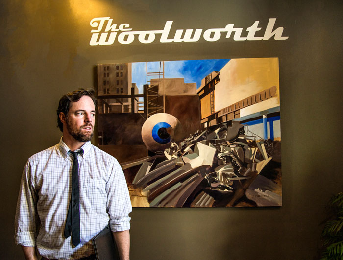 Jason Cantrell's acrylic rendering of "The Eye of The Joule" hangs in The Woolworth Restaurant and Cocktail Bar, on loan from Beaux Arts gallery.