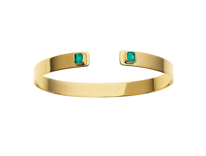 This small open cuff with bezel-set emeralds is perfect stacked or as a stand-alone stunner.