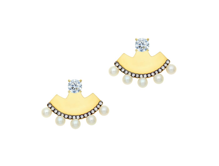 Handcrafted from 18-karat gold, these fan-shaped earrings are set with lustrous pearls and 0.59- arats of diamonds in a blackened setting.