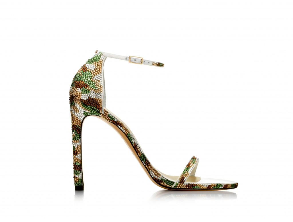 Camouflage pavé nudist sandal as seen in the exclusive Stuart Weitzman holiday collection 