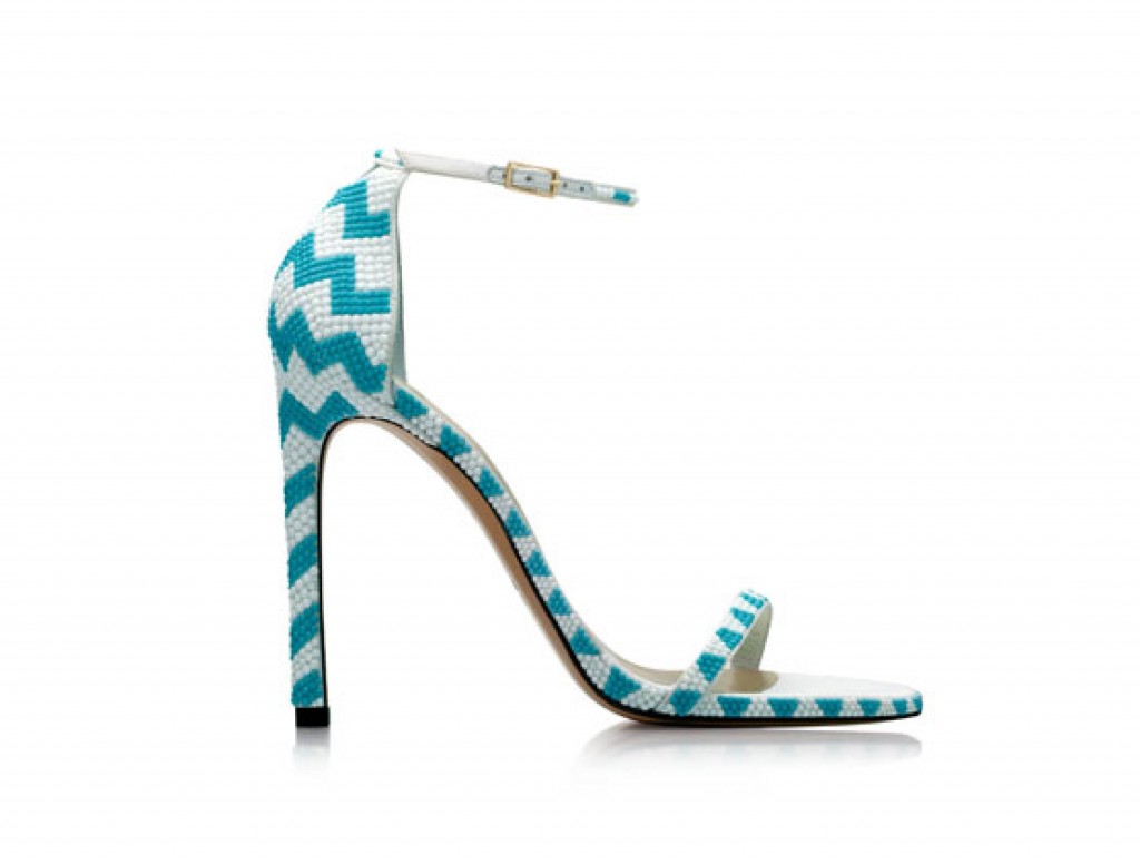 Turquoise chevron pavé nudist sandal as seen in the exclusive Stuart Weitzman holiday collection 