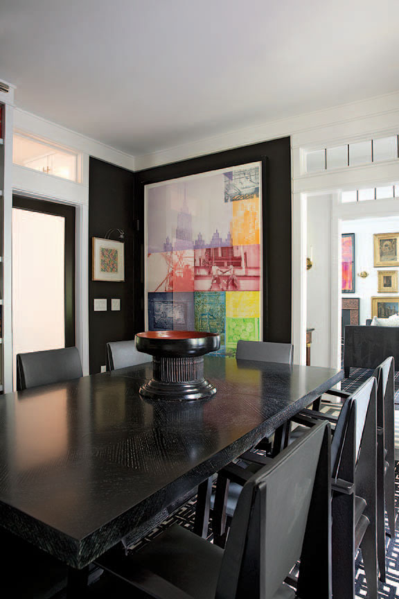 An important work from Robert Rauschenberg’s “Moscow” series hides a door to the coat closet. Small painting by Jasper Johns.