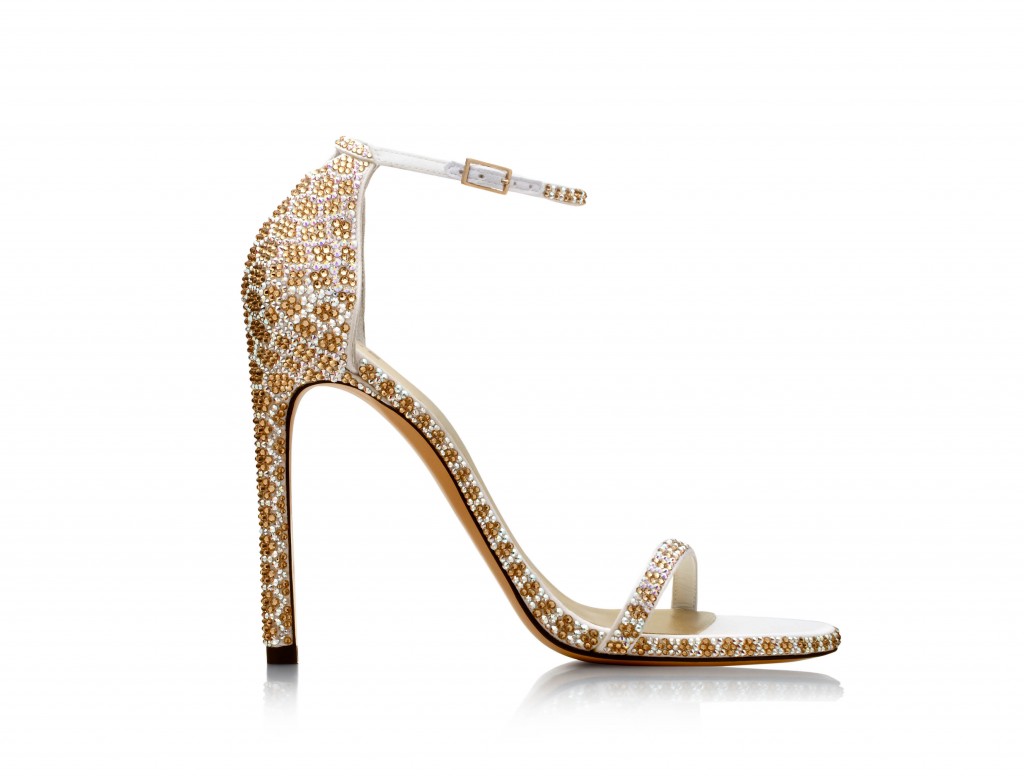 Golden python pavé nudist sandal as seen in the exclusive Stuart Weitzman holiday collection