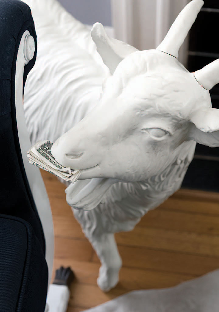 The resin goat, Romeo, is from Saks Fifth Avenue’s cashmere campaign.
