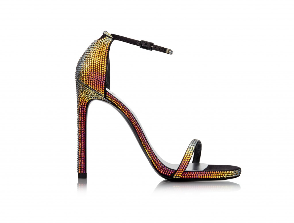 Iridescent petrol pavé nudist sandal as seen in the exclusive Stuart Weitzman holiday collection