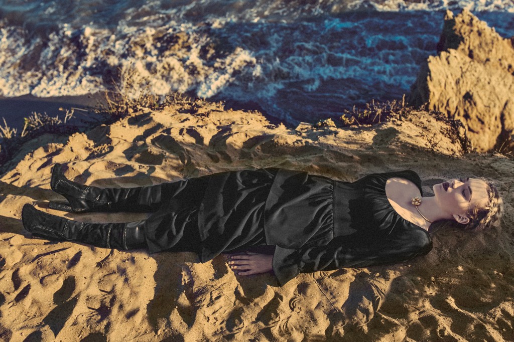 Tom Ford double sable scoop-neck tiered prairie dress $3,990, thigh-high stitched boots $2,590, both at the Tom Ford boutique (opening October at River Oaks District), Neiman Marcus. Eddie Borgo rose cluster collar $500, at Saks Fifth Avenue, Tootsies.