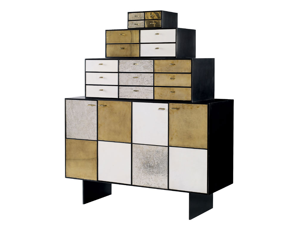 Huntley cabinet in blackened stainless steel, glass and
parchment