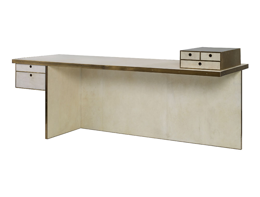 Dillon desk in parchment, burnished bronze and wood