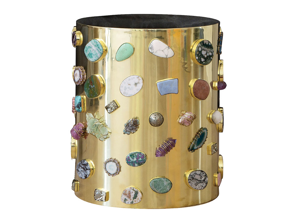Bauble stool in ash, burnished bronze and encrusted in semi-precious stones. By special order.