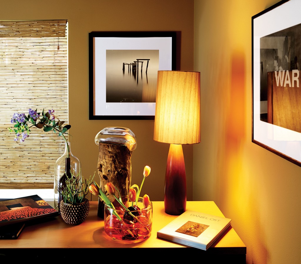 Part of Brown’s personal collection of artisan vases garnished with sweet peas from Japan and tulips from Holland. Michael Levin photo from Thornwood Gallery.