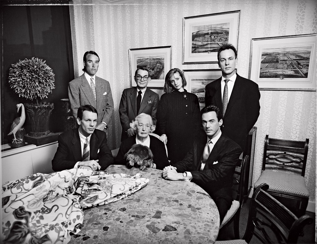 Some of the celebrated alumnae of Parish-Hadley: standing from left: Brian McCarthy, Albert Hadley, Libby Cameron, David McMahon. Seated from left: Unknown, Sister Parish, David Kleinberg.