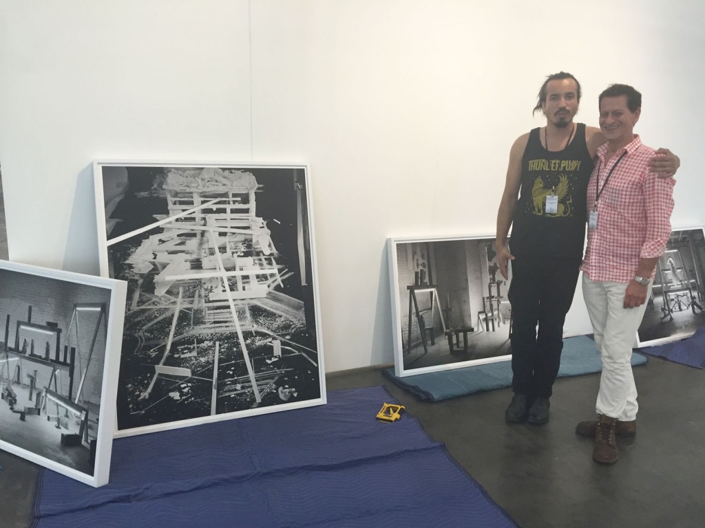 Core Fellow Rodrigo Valenzuela (left), last year's $10,000 Texas Contemporary Prize winner, with dealer David Shelton. 