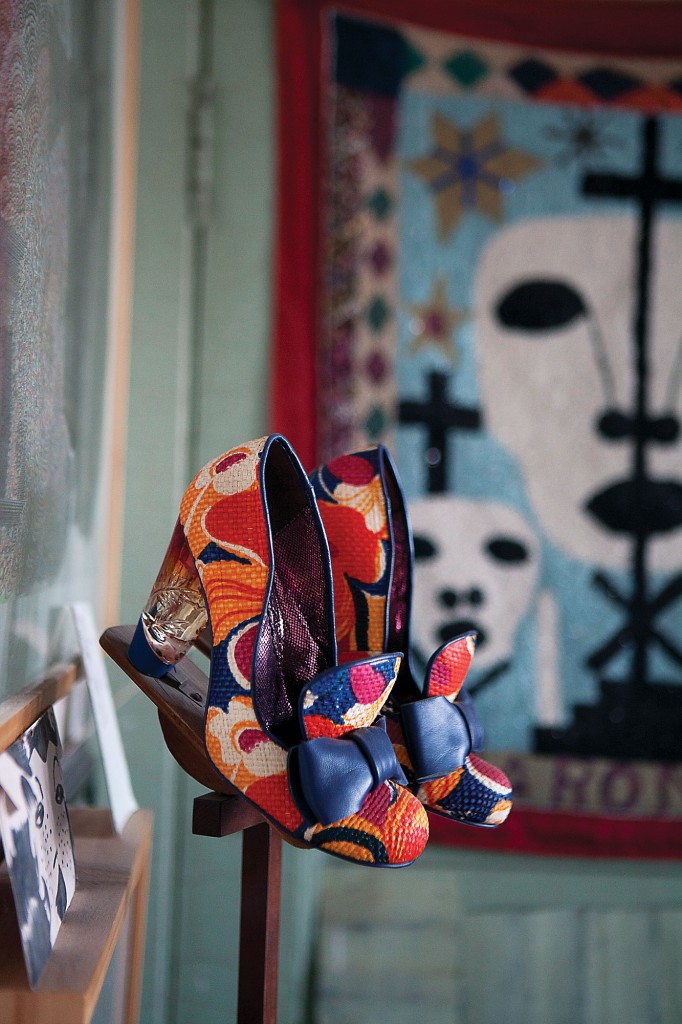 A pair of Julie’s entrance-making favorite shoes by Irregular Choice displayed as sculpture.