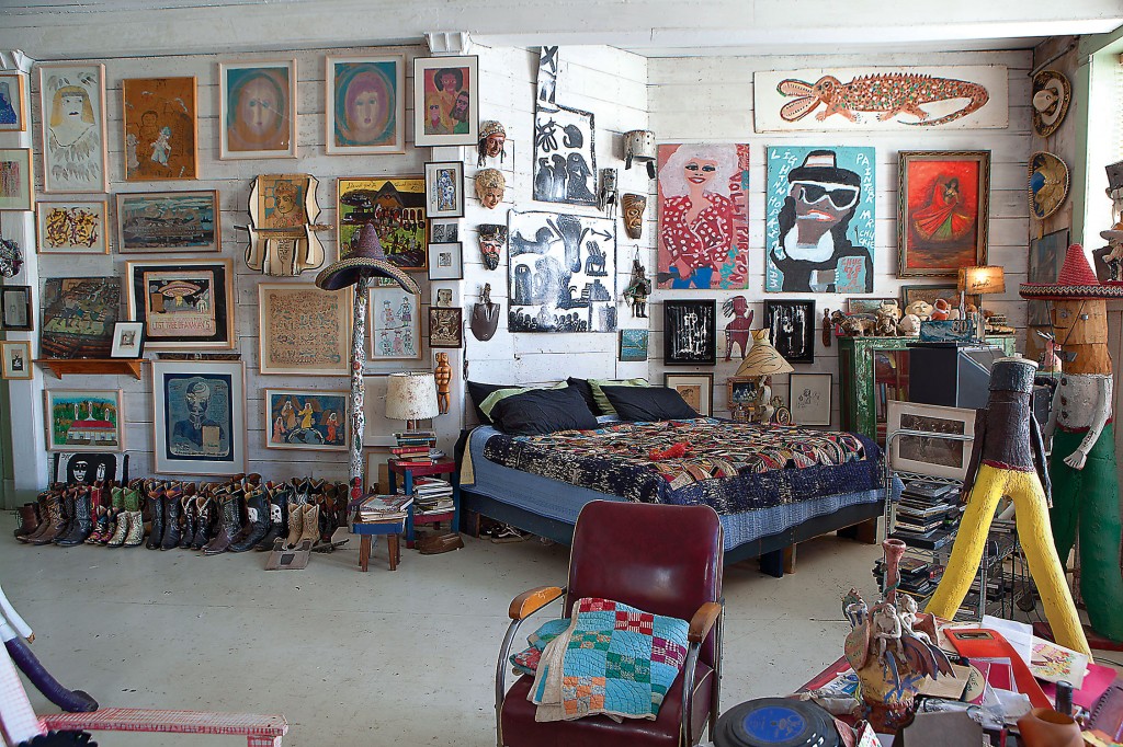 Bedroom as white cube. There's little demarcation between the Webbs' personal and professional lives. In fact, the residence can be seen as one big gallery/curio shop. 