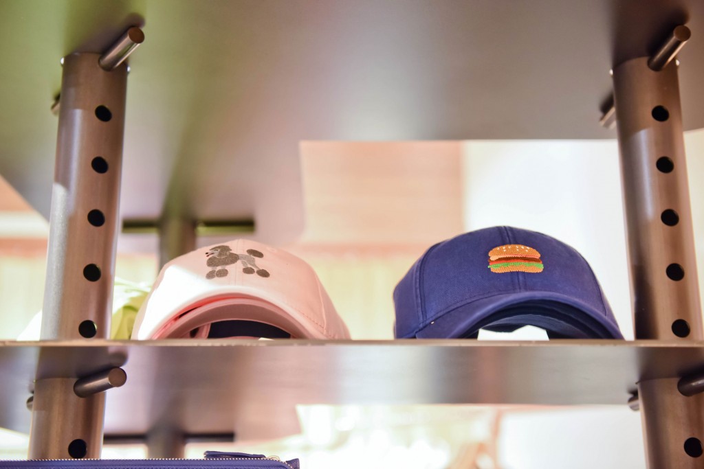 Harding Lane's needlepoint baseball caps make an appearance at the pop-in shop. 