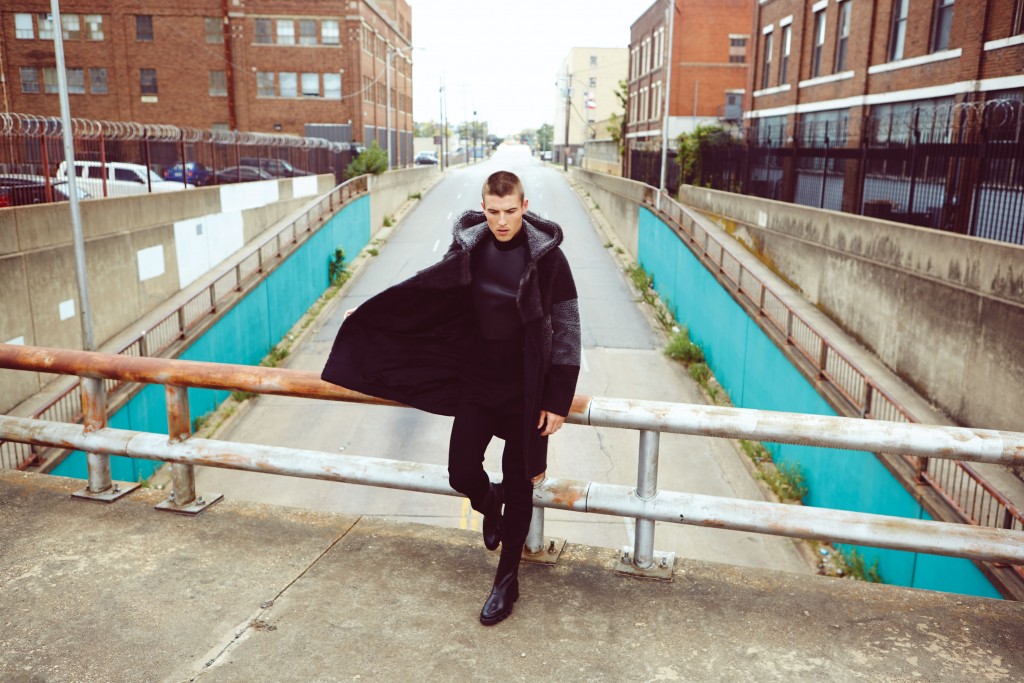 Balenciaga Plomb multi-lamb shearling parka $7,350, cashmere turtleneck sweater $935, wool double-faced trouser $815, and Ice Trekker calfskin boot $1,235, all at balenciaga.com.