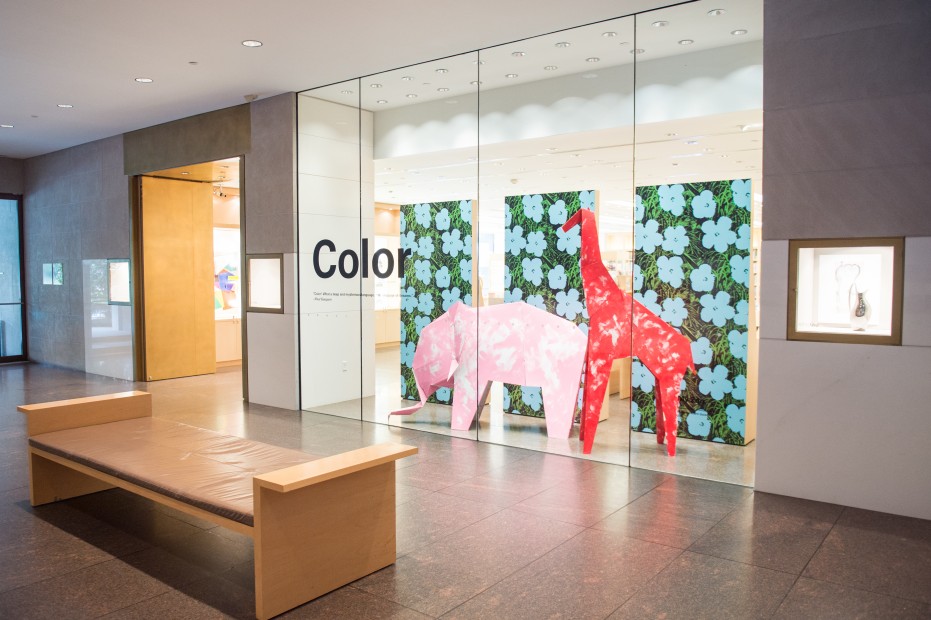 The entrance to the newly revamped MFAH gift shop displays Andy Warhol prints and colorful cardboard animals.