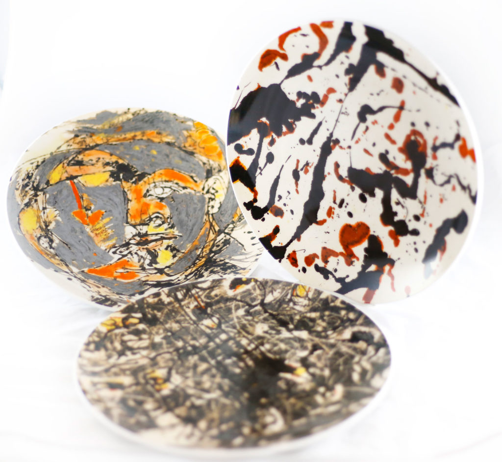 Handmade plates depicting Pollock’s paintings