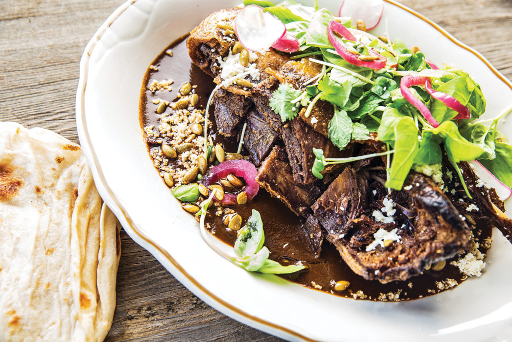 Roast duck carnitas for two with mole, cilantro, radish and tortillas