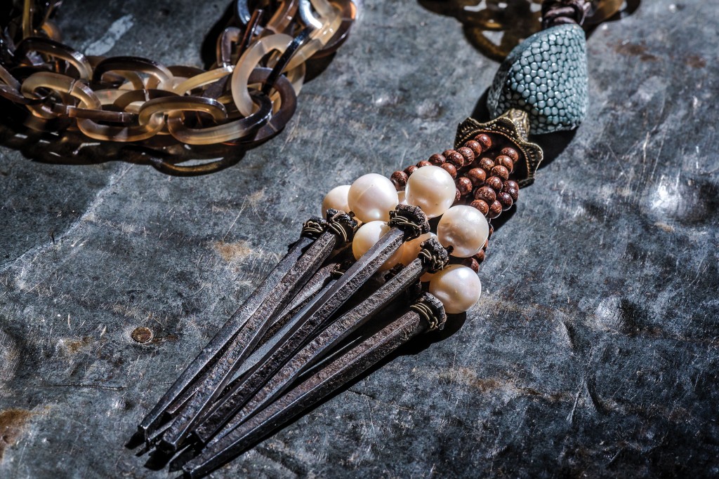 Horn, shagreen, wood, South Sea pearl and iron nail necklace, available at Elements