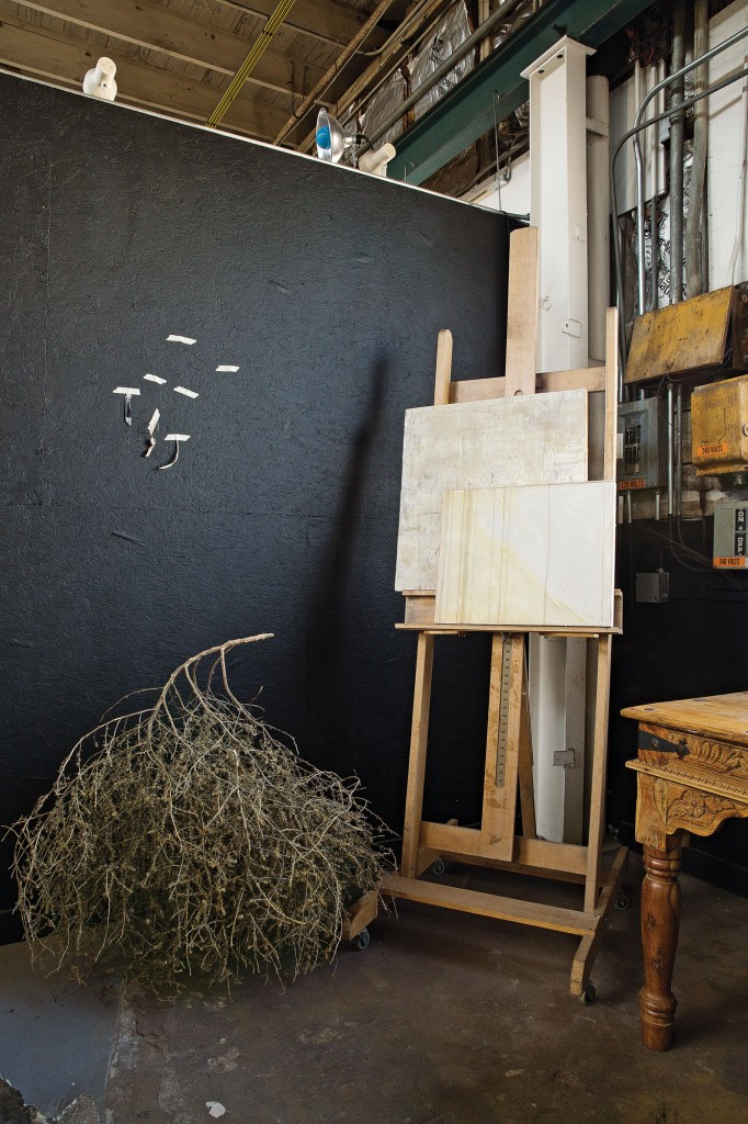 In Sara Eliason’s studio, a tumbleweed found during a treasure hunting session in West Texas. Encaustic artwork in progress by Eliason.