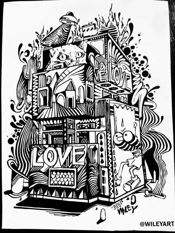 A sticker of Wiley’s mural has on it the notorious “Love” sign the artist draws everywhere. 
