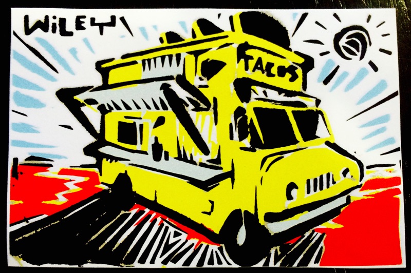 A taco truck, another one of Wiley’s motifs and inspirations through Hispanic culture. 