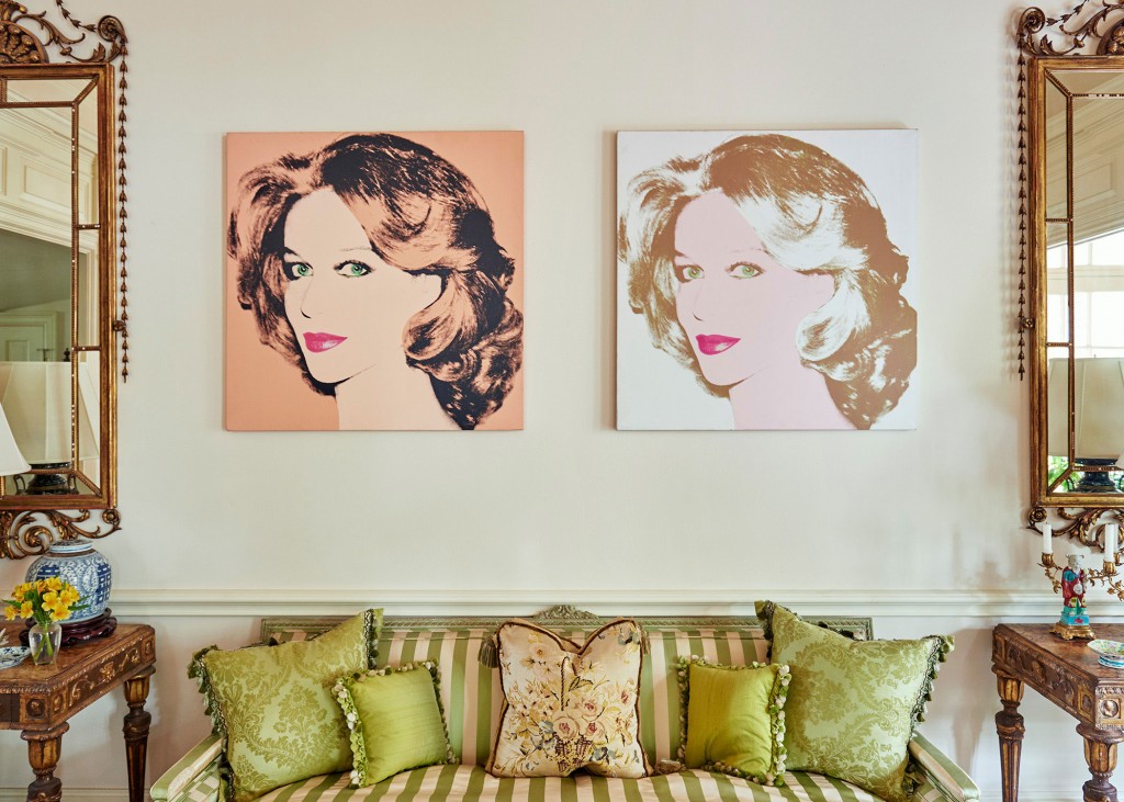 Lynn Wyatt's living room features her commissioned Andy Warhol portraits. Photograph by Kyle Knodell. Courtesy Paddle8.